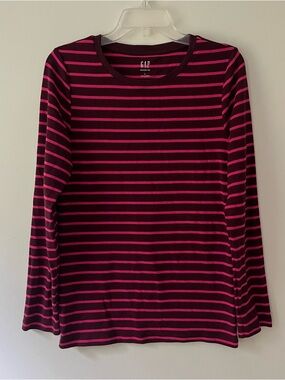 GAP Burgundy Striped Long Sleeve Crewneck T-Shirt Large Cotton Modern Tee